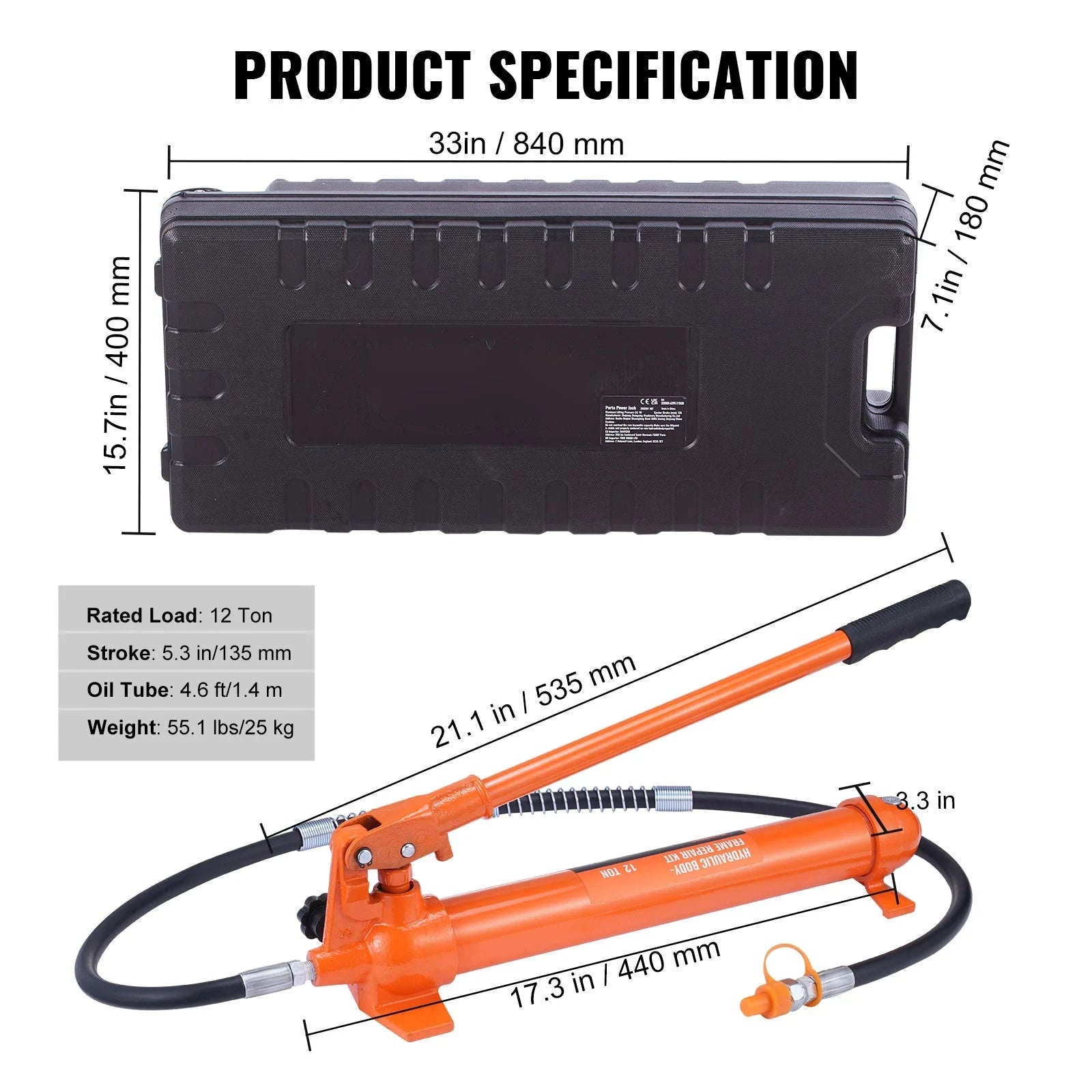 SucceBuy 4/10/12/20 Ton Power Hydraulic Cylinder Jack Autobody Frame Repair Tool Kit Automotive Truck Lifting  Heavy Equipment-12 Ton / United States