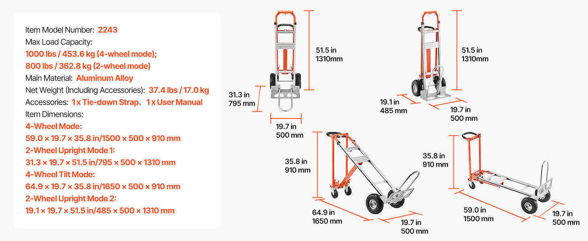 SucceBuy 4 in 1 Hand Truck 1000 lbs Load Capacity for 4-Wheel Mode Aluminum Alloy Portable Trolley Dolly for Moving Home Office-1000 lbs / Poland