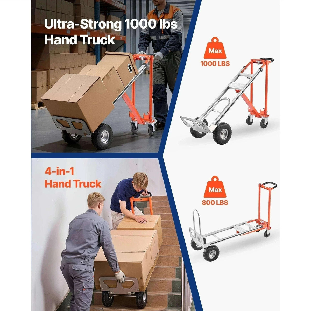 SucceBuy 4 in 1 Hand Truck 1000 lbs Load Capacity for 4-Wheel Mode Aluminum Alloy Portable Trolley Dolly for Moving Home Office-1000 lbs / Poland