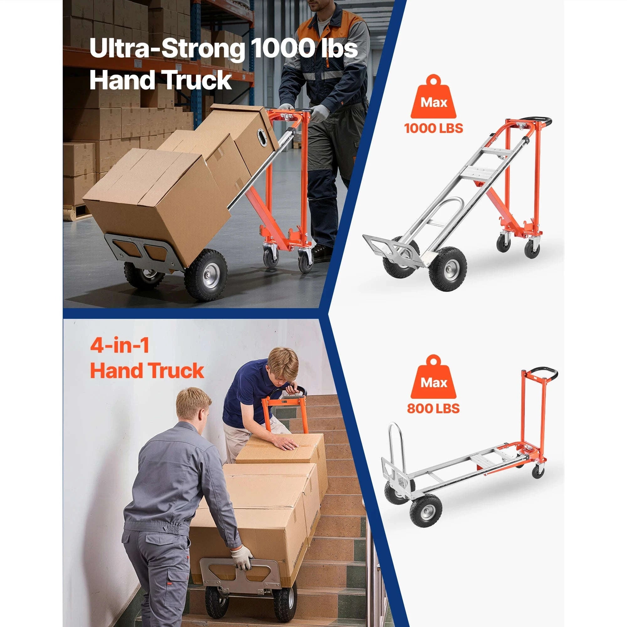 SucceBuy 4 in 1 Hand Truck 1000 lbs Load Capacity for 4-Wheel Mode Aluminum Alloy Portable Trolley Dolly for Moving Home Office-1000 lbs / Poland