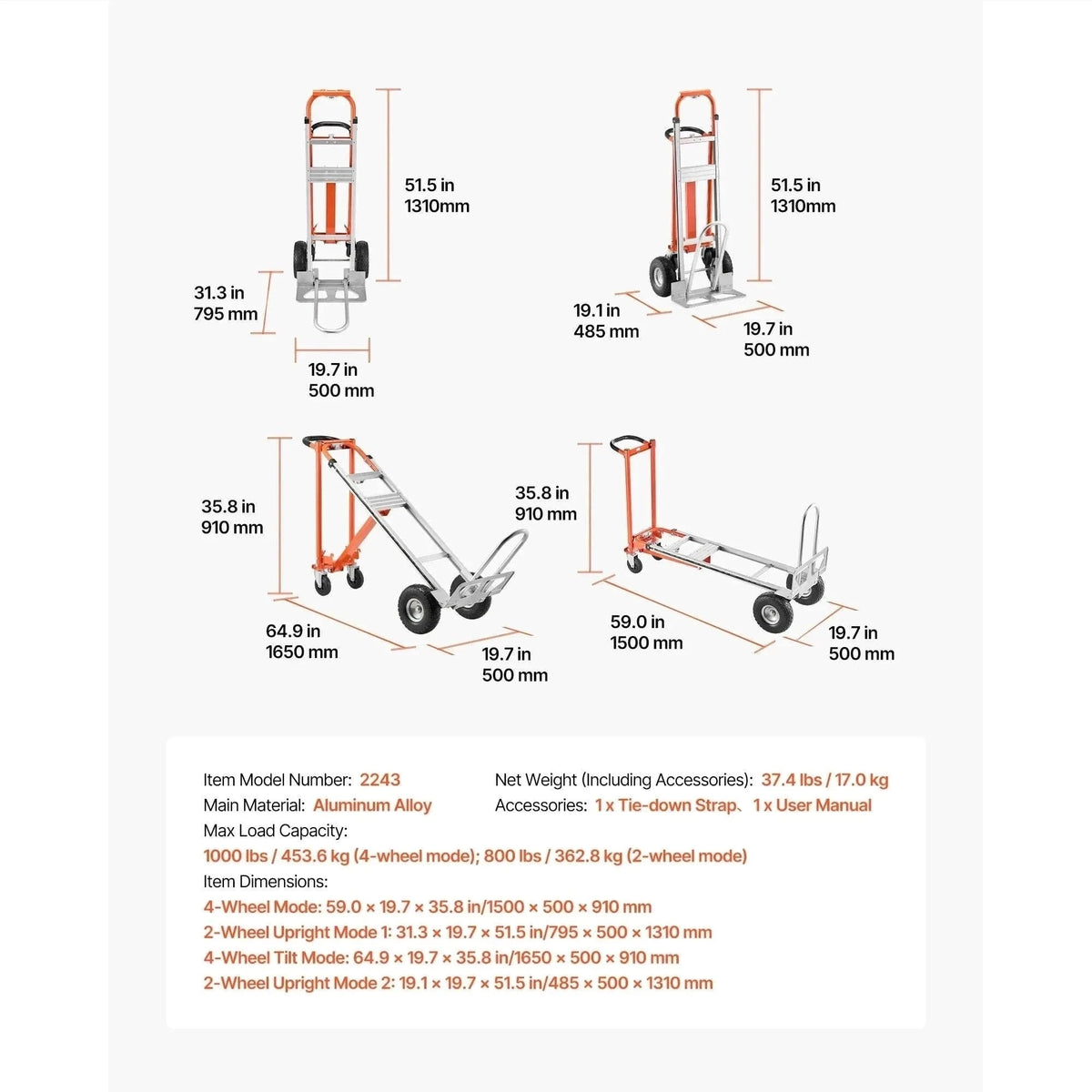 SucceBuy 4 in 1 Hand Truck 1000 lbs Load Capacity for 4-Wheel Mode Aluminum Alloy Portable Trolley Dolly for Moving Home Office-1000 lbs / Poland