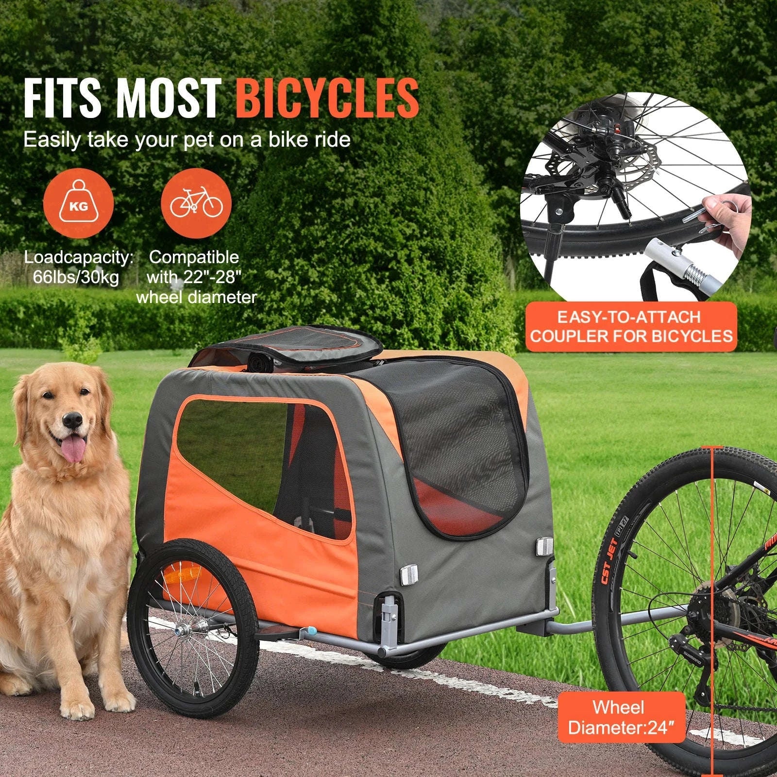 SucceBuy 66lbs Pet Cart Bicycle Carrier Dog Bike Trailer with Folding Frame & Wheels Reflectors Flag for Dogs Accessories-66 lbs / United States