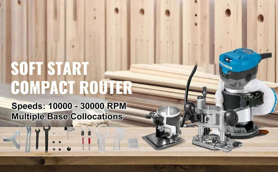 SucceBuy 800W Soft Start Compact Router Kit Variable Speed 10000-30000Rpm with Fixed Base, Plunge Base, Tilt Base and Offse Base-3 Bases / Germany