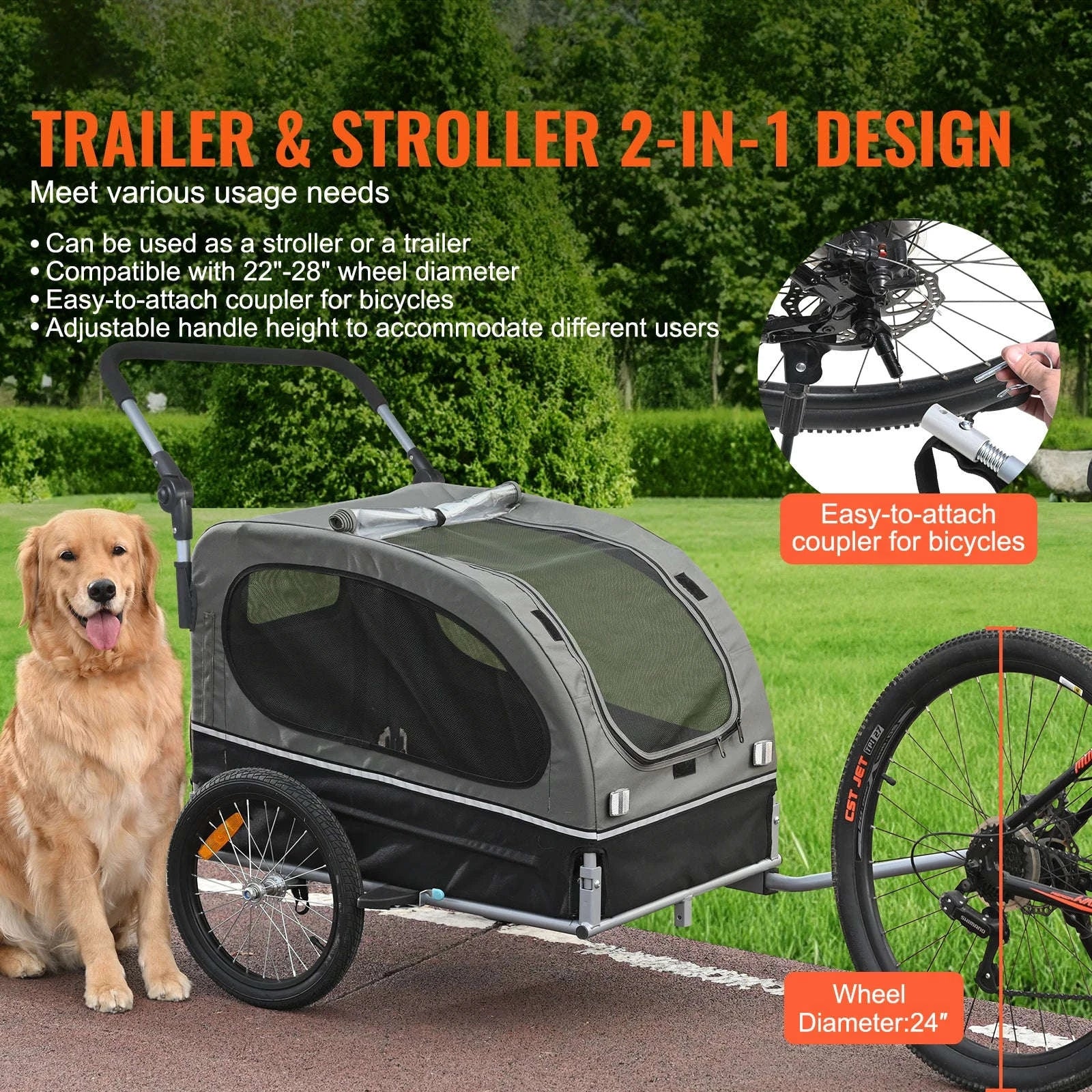 SucceBuy 88lbs 2-in-1 Pet Stroller Cart Dog Bike Trailer with Wheels Reflectors Easy Folding Cart Frame Bicycle Coupler Carrier-88lbs / United States