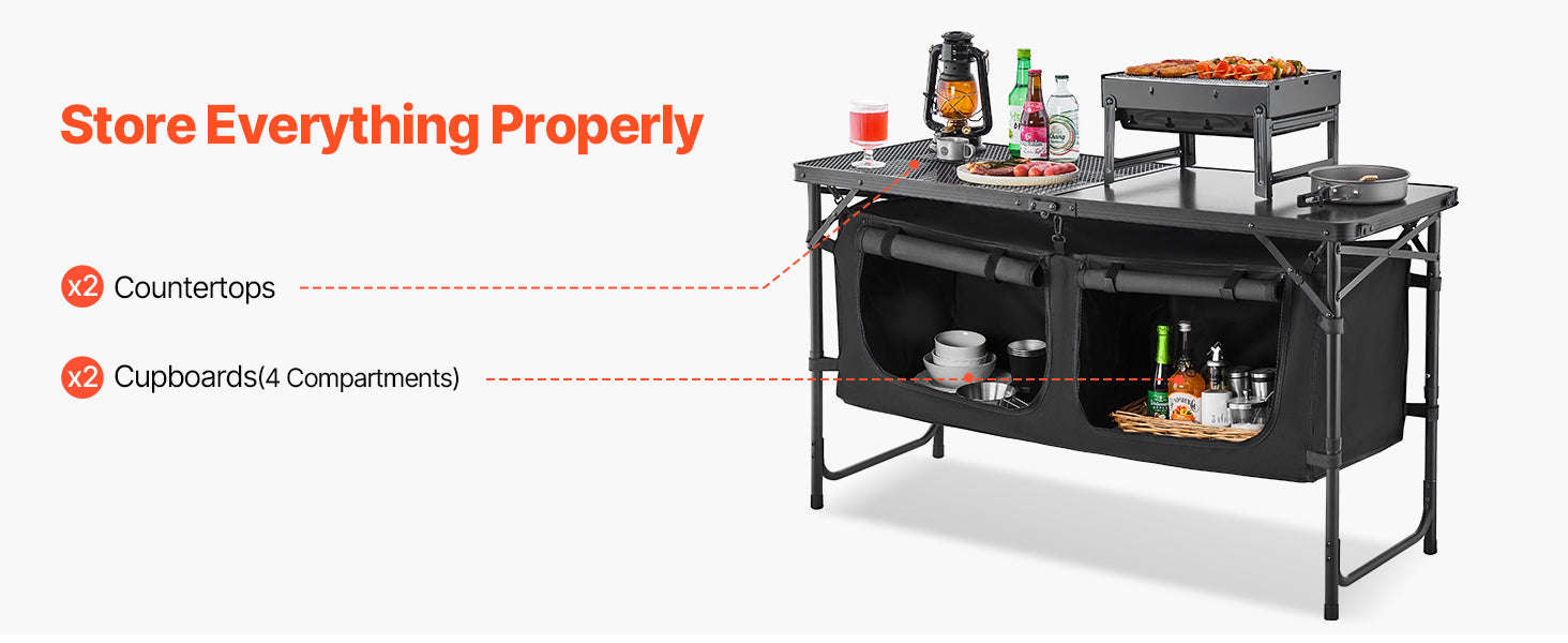SucceBuy Camping Kitchen Table Outdoor Cooking Table Aluminum Lightweight Portable Cook Station for BBQ Party Picnic RV Travel-Black / United States