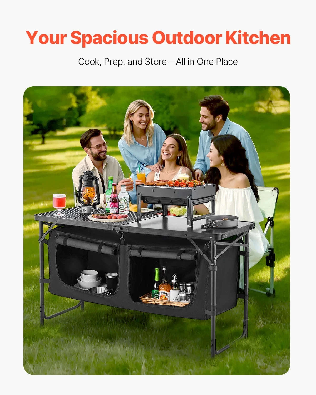SucceBuy Camping Kitchen Table Outdoor Cooking Table Aluminum Lightweight Portable Cook Station for BBQ Party Picnic RV Travel-Black / United States