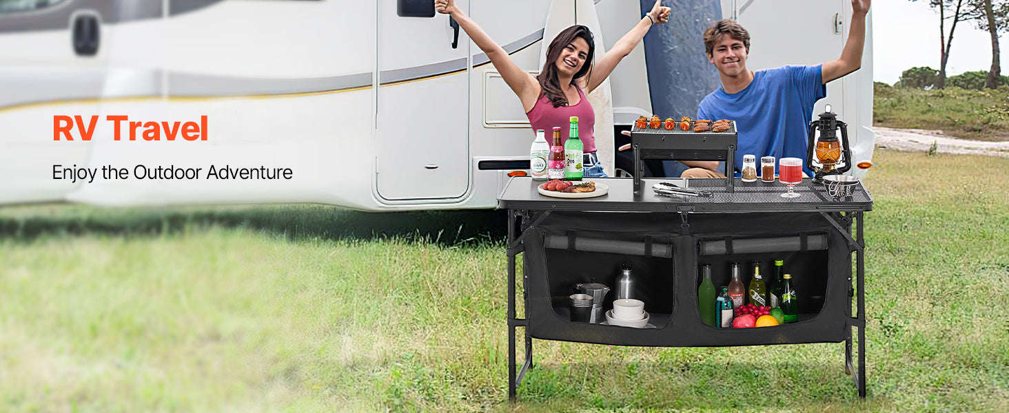 SucceBuy Camping Kitchen Table Outdoor Cooking Table Aluminum Lightweight Portable Cook Station for BBQ Party Picnic RV Travel-Black / United States