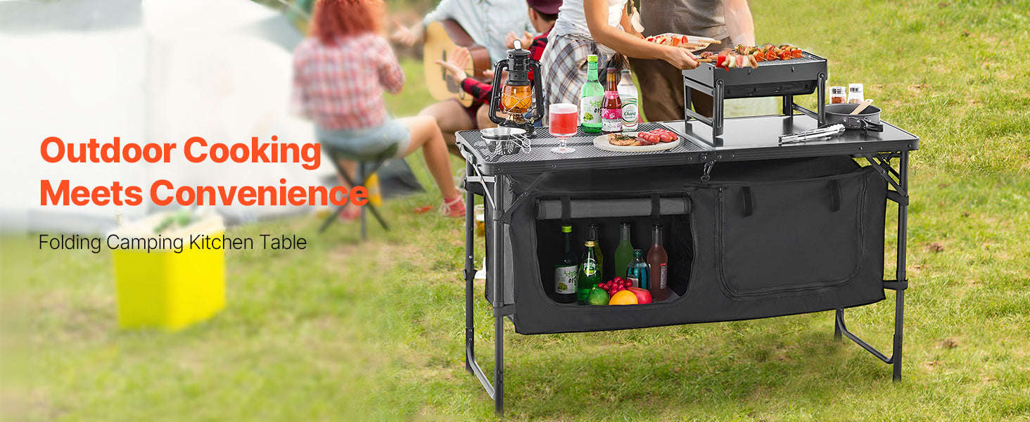 SucceBuy Camping Kitchen Table Outdoor Cooking Table Aluminum Lightweight Portable Cook Station for BBQ Party Picnic RV Travel-Black / United States