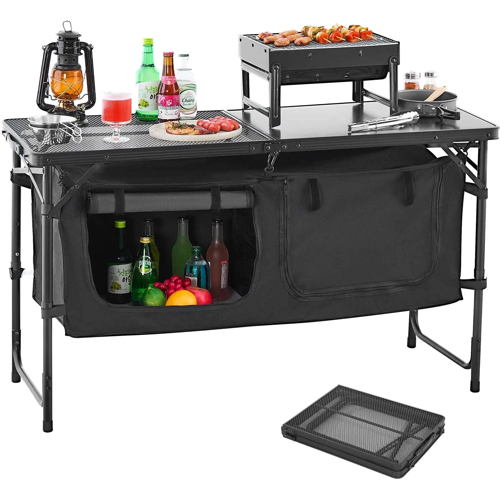 SucceBuy Camping Kitchen Table Outdoor Cooking Table Aluminum Lightweight Portable Cook Station for BBQ Party Picnic RV Travel-Black / United States