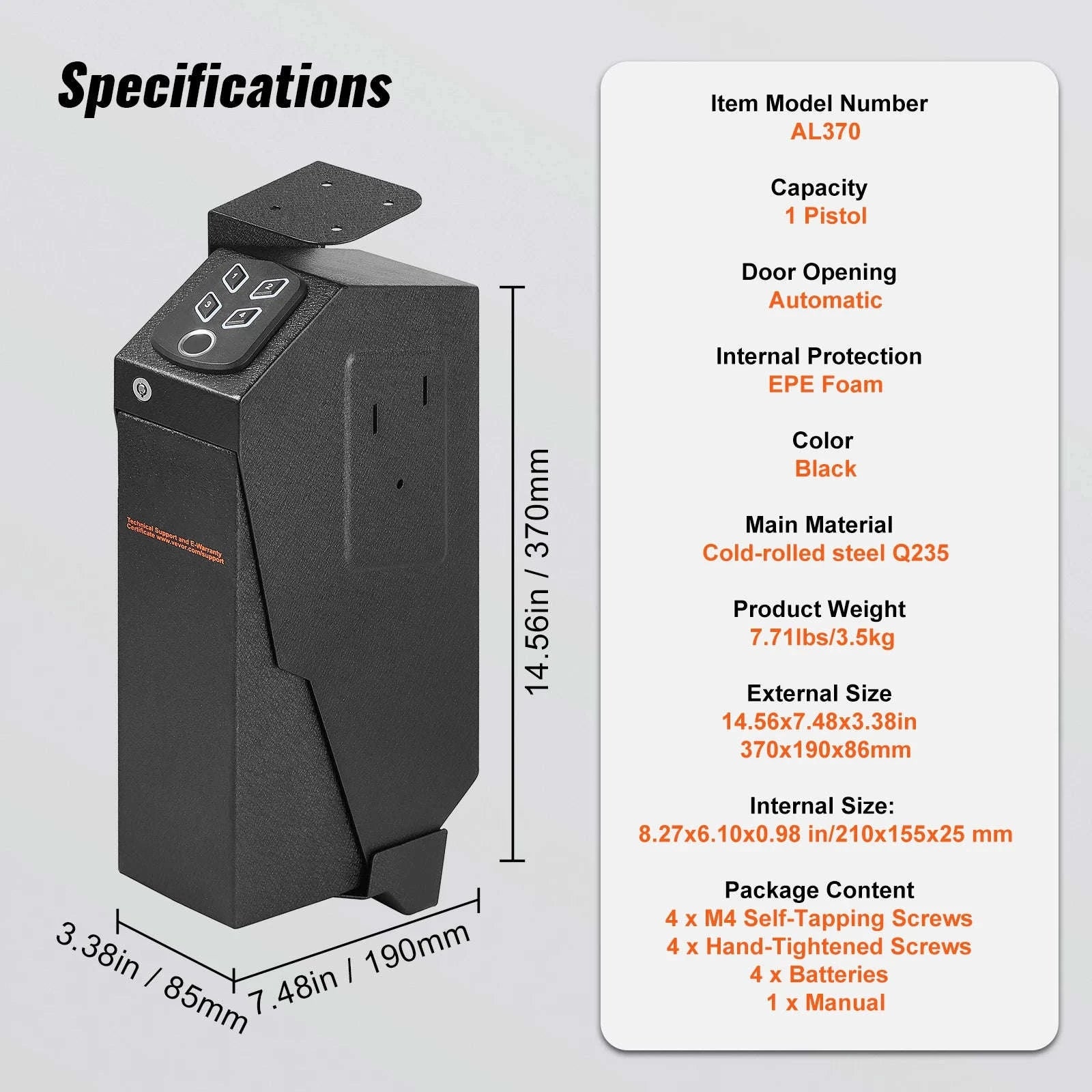 SucceBuy Gun Safe Q235 Steel Pistol Safe with 3-Way Quick Access Gun Case Gun Box Advanced Biometric Technology Travel Gun Safe-1 Pistols Slip / United States