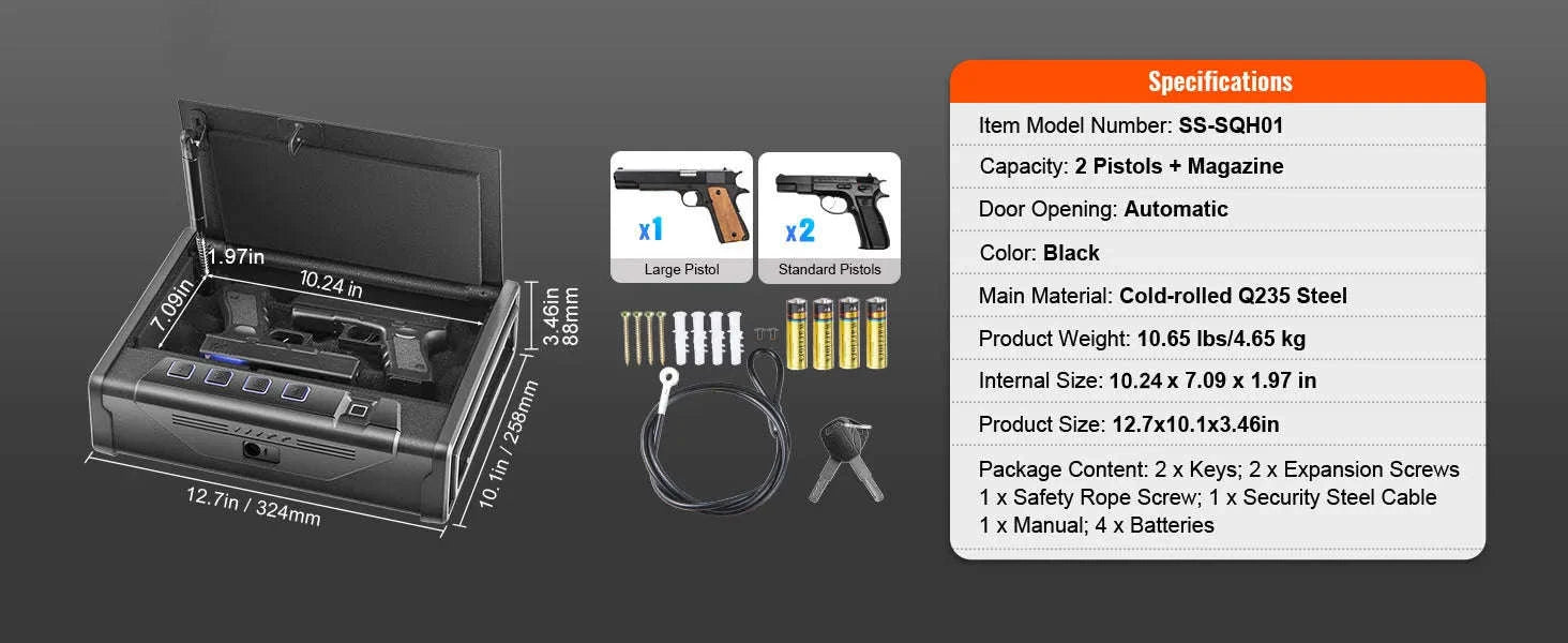 SucceBuy Gun Safe Q235 Steel Pistol Safe with 3-Way Quick Access Gun Case Gun Box Advanced Biometric Technology Travel Gun Safe-1 Pistols Slip / United States