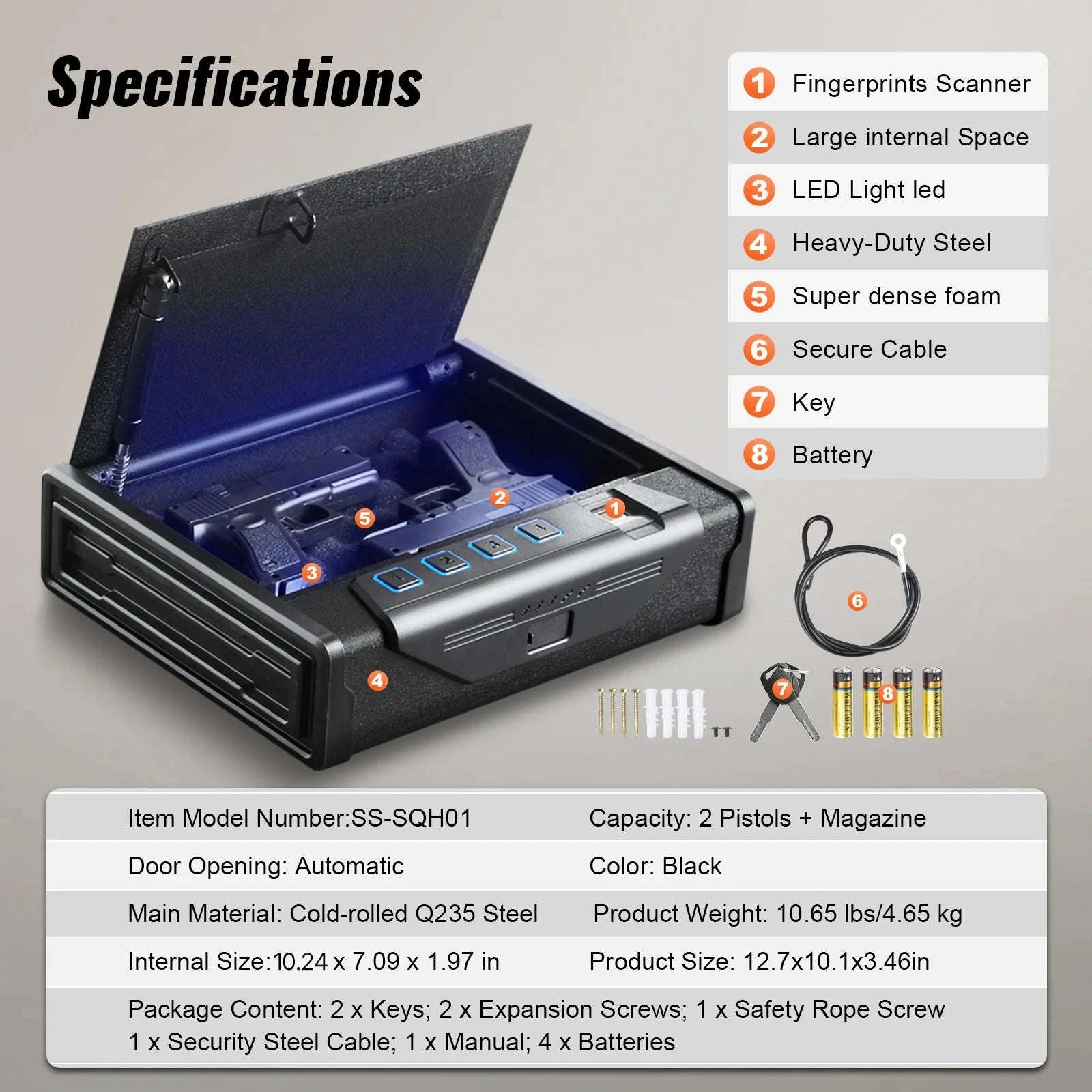 SucceBuy Gun Safe Q235 Steel Pistol Safe with 3-Way Quick Access Gun Case Gun Box Advanced Biometric Technology Travel Gun Safe-1 Pistols Slip / United States