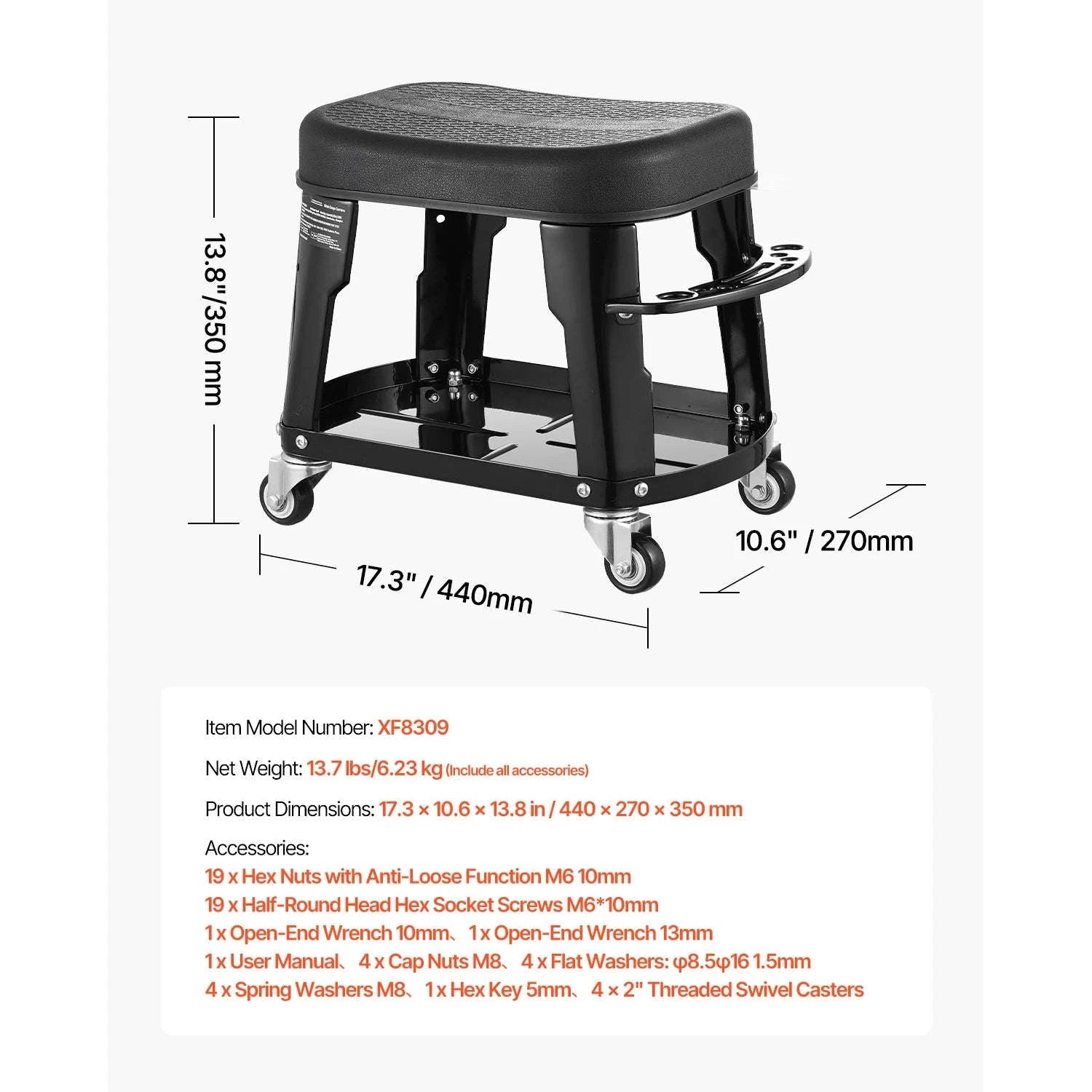 SucceBuy Mechanic Stool 300lbs Garage Seat with Wheels 360° Swivel Rolling Workshop Stool with Tool Tray for Garage, Shop Repair-Black / Poland