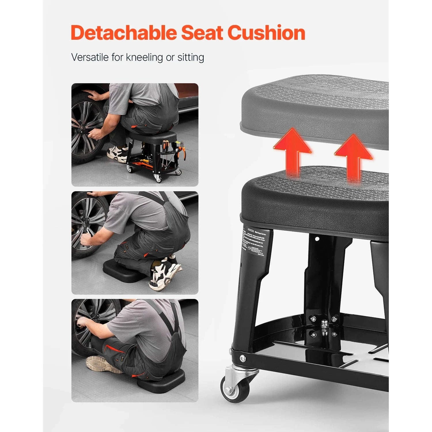 SucceBuy Mechanic Stool 300lbs Garage Seat with Wheels 360° Swivel Rolling Workshop Stool with Tool Tray for Garage, Shop Repair-Black / Poland