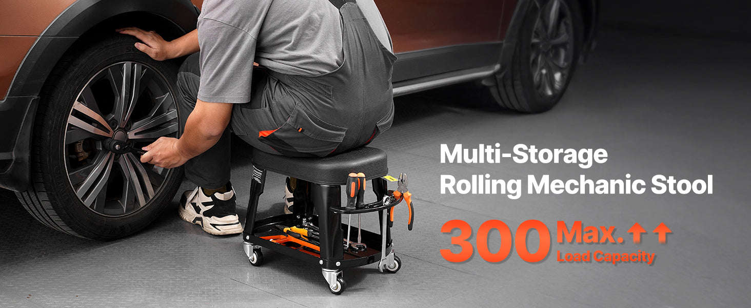 SucceBuy Mechanic Stool 300lbs Garage Seat with Wheels 360° Swivel Rolling Workshop Stool with Tool Tray for Garage, Shop Repair-Black / Poland
