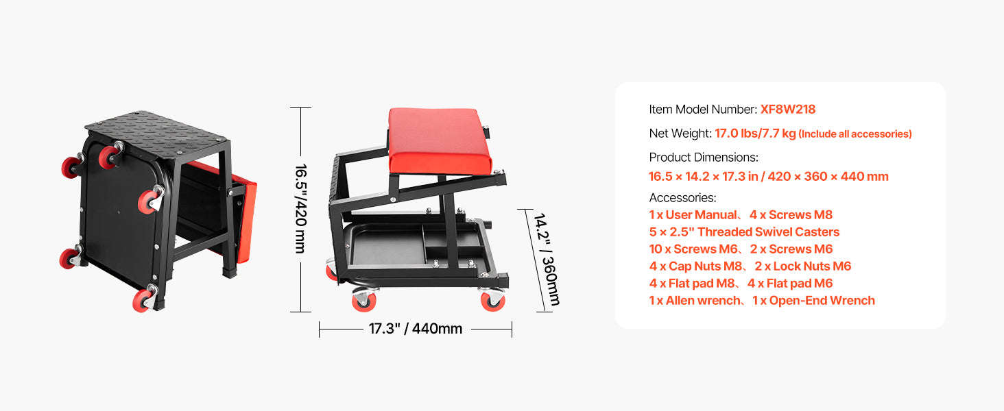 SucceBuy Mechanic Stool 300lbs Garage Seat with Wheels 360° Swivel Rolling Workshop Stool with Tool Tray for Garage, Shop Repair-Black / Poland