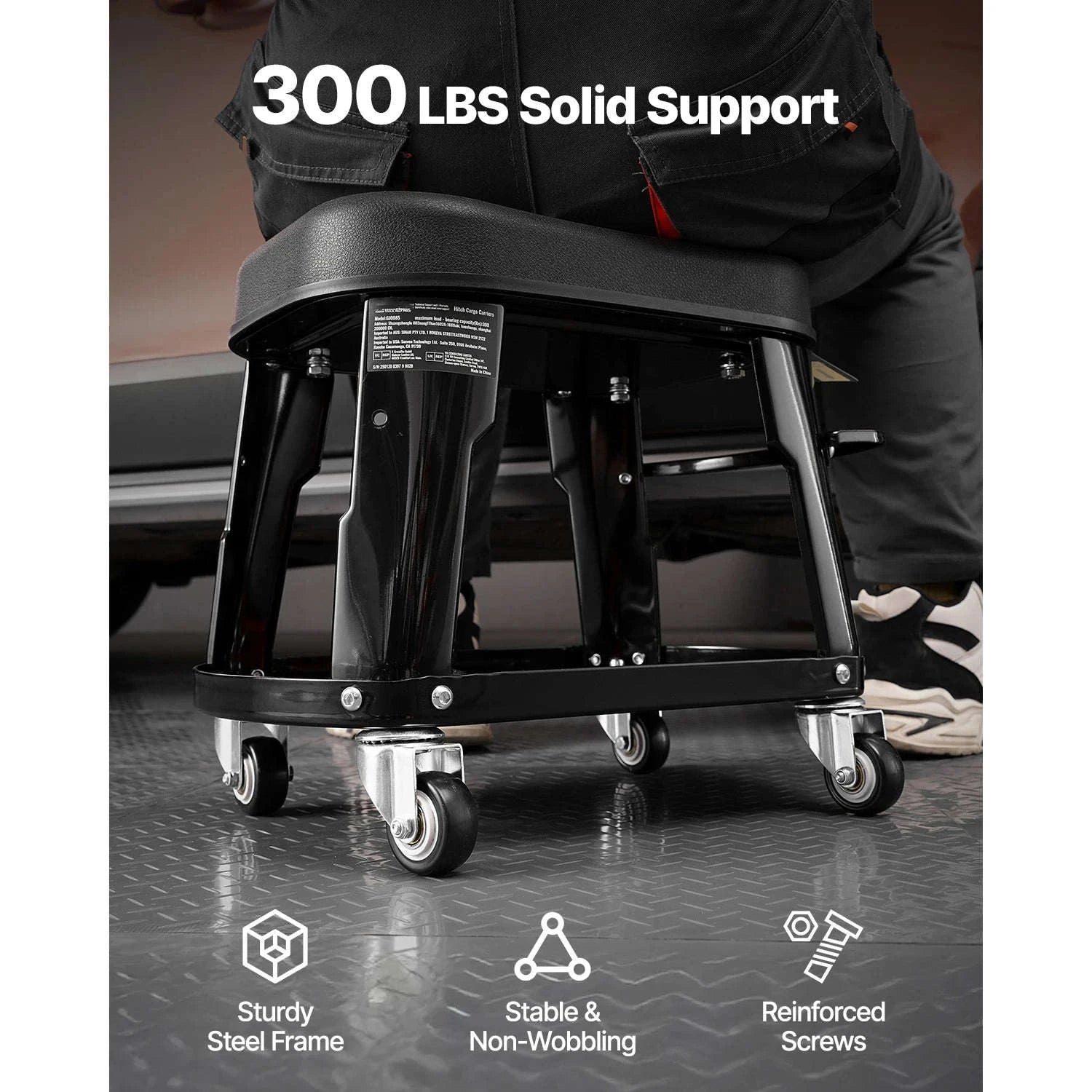 SucceBuy Mechanic Stool 300lbs Garage Seat with Wheels 360° Swivel Rolling Workshop Stool with Tool Tray for Garage, Shop Repair-Black / Poland