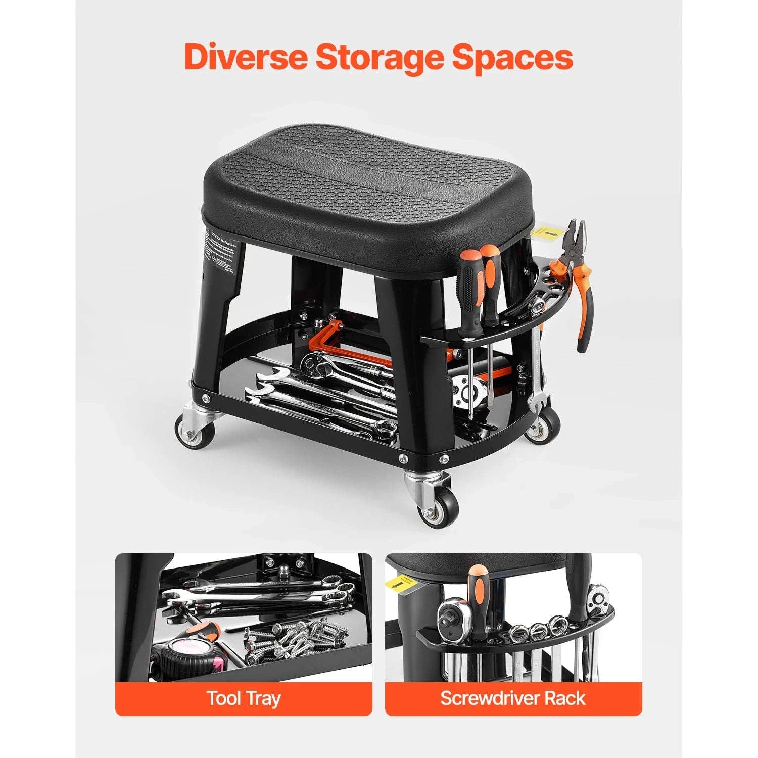 SucceBuy Mechanic Stool 300lbs Garage Seat with Wheels 360° Swivel Rolling Workshop Stool with Tool Tray for Garage, Shop Repair-Black / Poland