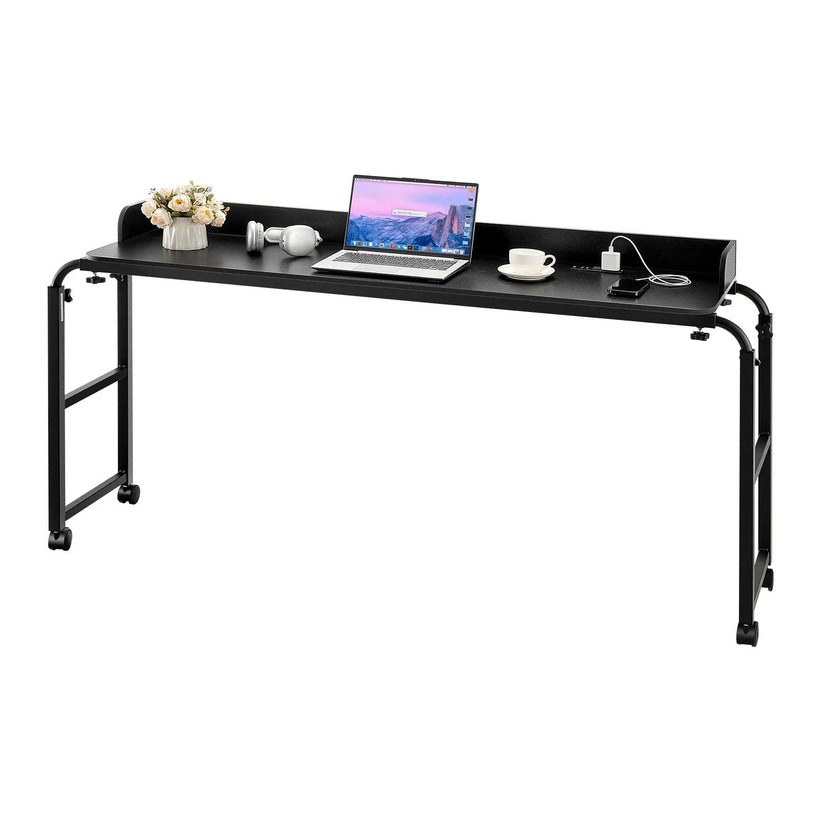 SucceBuy Overbed Table Mobile Bed Side Table w/ 4 Wheels&Power SocketHeight Adjustable Rolling Laptop Desk for Home Office Study-Black / United States