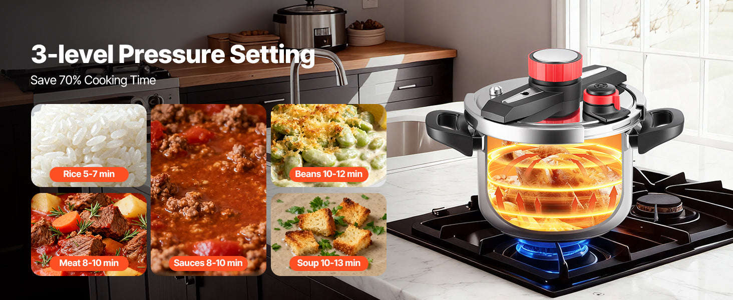 SucceBuy Pressure Cooker 6.3/8/10/12Qt Three Settings Stainless Steel with Steaming Rack Tempered Glass Lid for Meat Beans Rice-10Qt / United States