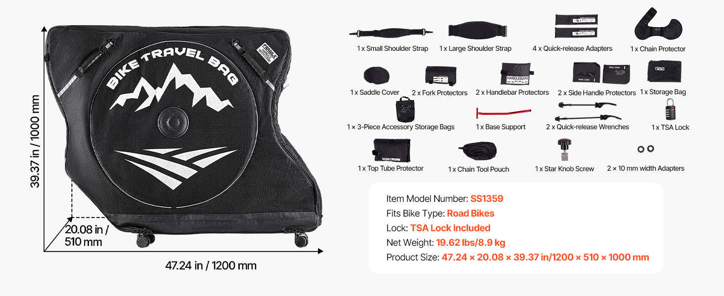 SucceBuy Road Bike Travel Bag Bicycle Storage Carry with TSA Lock & Dual Zipper fit Wheelbase 37-42in Bicycle Case for Outdoor-Black / United States