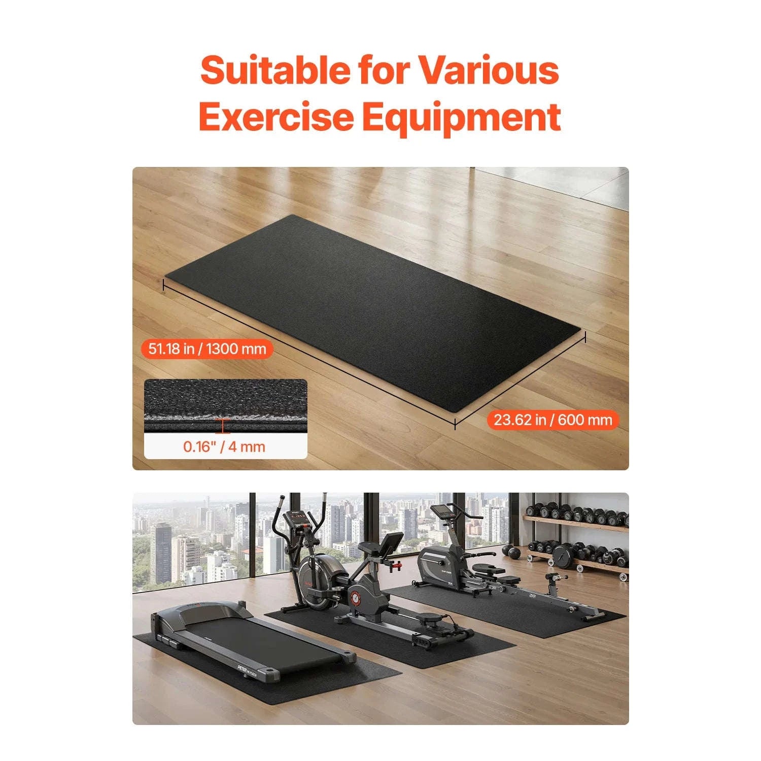 SucceBuy Treadmill Mat for Carpet Floor 0.16/0.24 in Thickness High Density PVC Waterproof Non-slip Mat for Elliptical Home Gym-23.62x51.18in 0.16in / United States