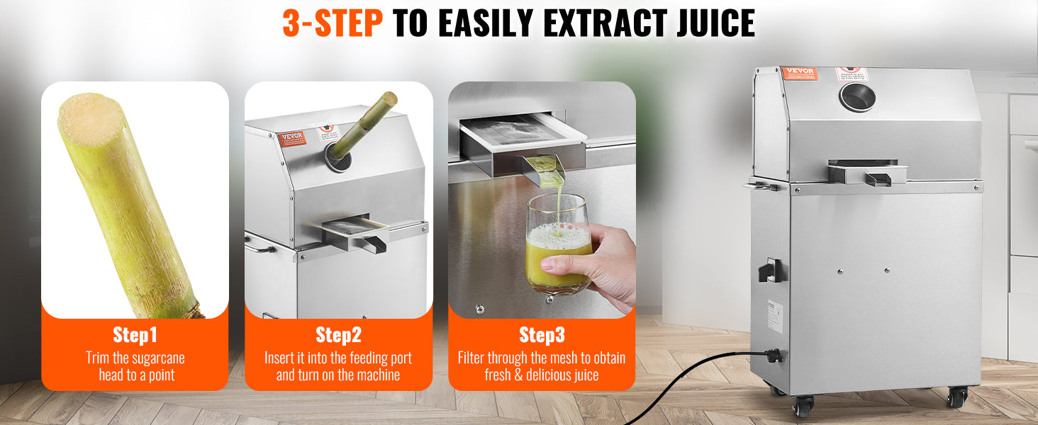 Commercial Sugar Cane Juicer 800W High Output 3-Roller Machine