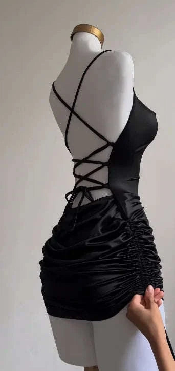 Summer Lace-Up Halter Bodycon Dress-S / black