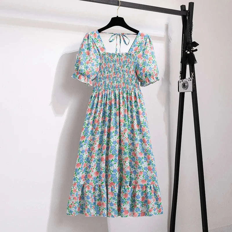 Summer Pleated Chiffon Midi Dress-oufen / One Size