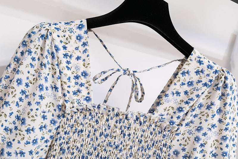 Summer Pleated Chiffon Midi Dress-oufen / One Size