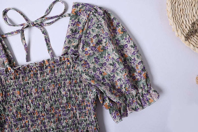 Summer Pleated Chiffon Midi Dress-oufen / One Size