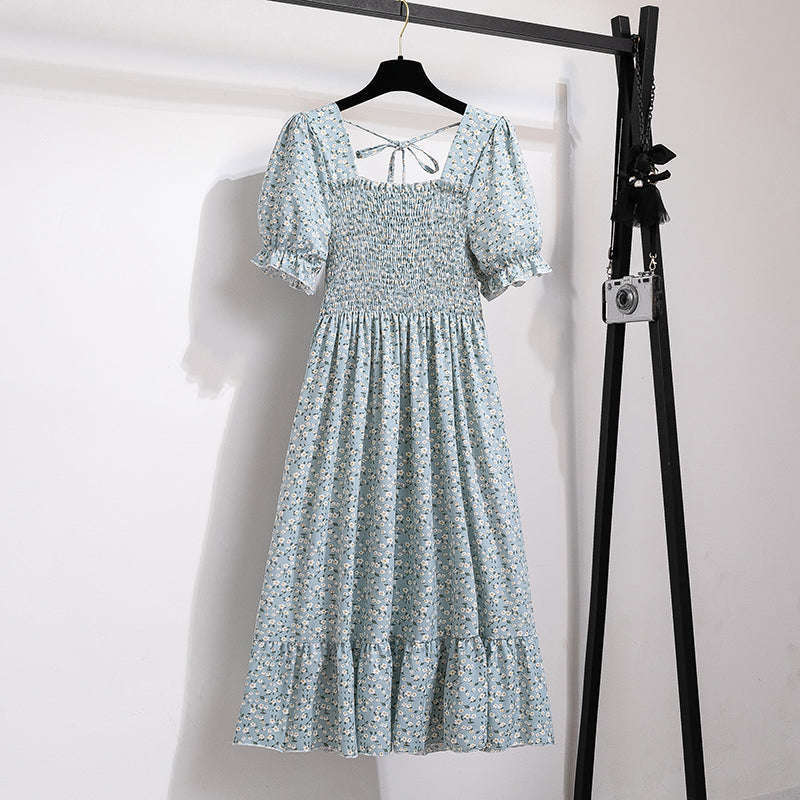 Summer Pleated Chiffon Midi Dress with Flattering A-Line Flow-oufen / One Size