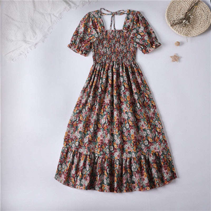 Summer Pleated Chiffon Midi Dress with Flattering A-Line Flow-oufen / One Size