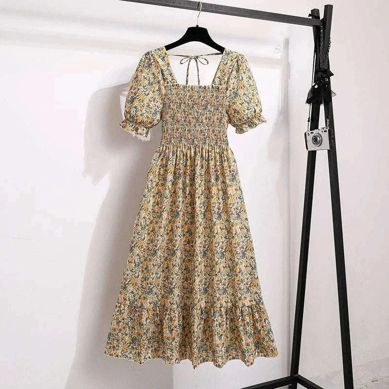 Summer Pleated Chiffon Midi Dress with Flattering A-Line Flow-oufen / One Size
