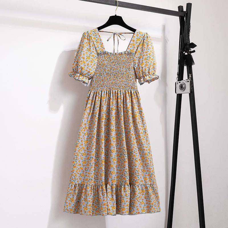 Summer Pleated Chiffon Midi Dress with Flattering A-Line Flow-oufen / One Size