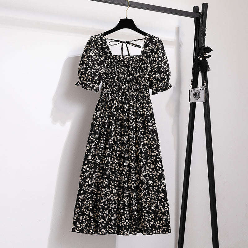 Summer Pleated Chiffon Midi Dress with Flattering A-Line Flow-oufen / One Size
