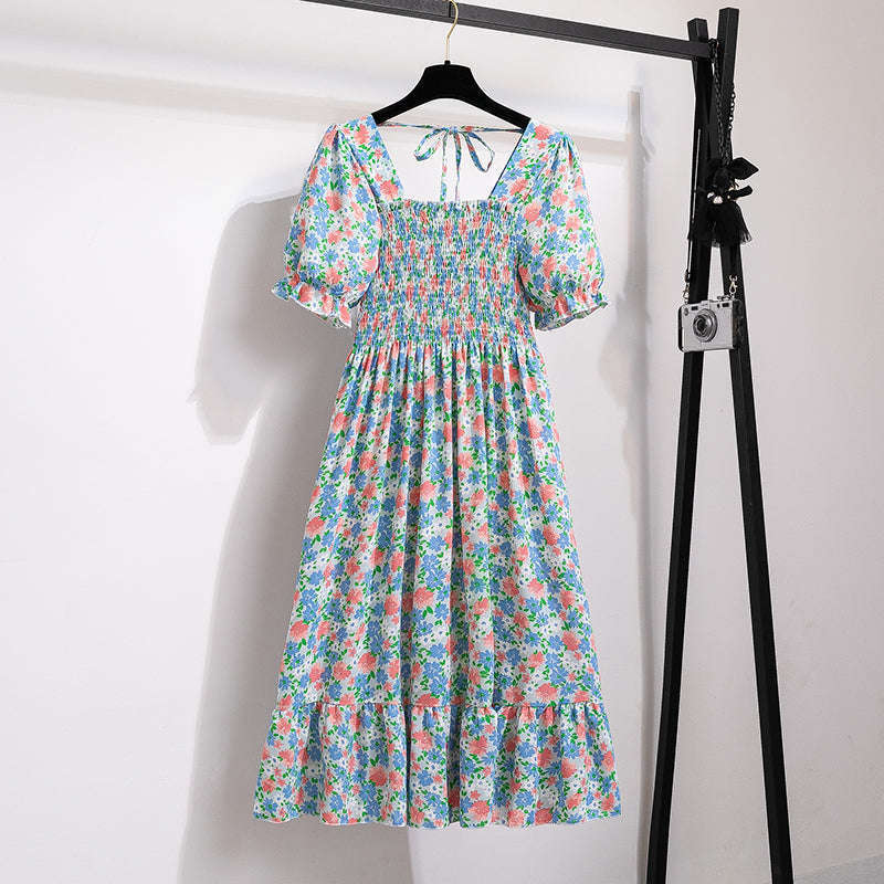 Summer Pleated Chiffon Midi Dress with Flattering A-Line Flow-oufen / One Size