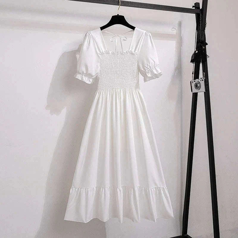 Summer Pleated Chiffon Midi Dress with Flattering A-Line Flow-oufen / One Size
