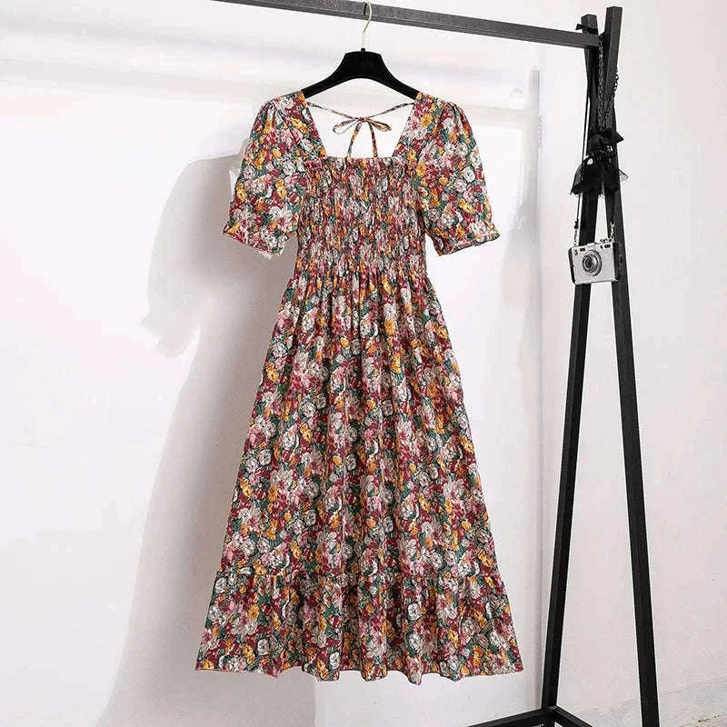 Summer Pleated Chiffon Midi Dress with Flattering A-Line Flow-oufen / One Size
