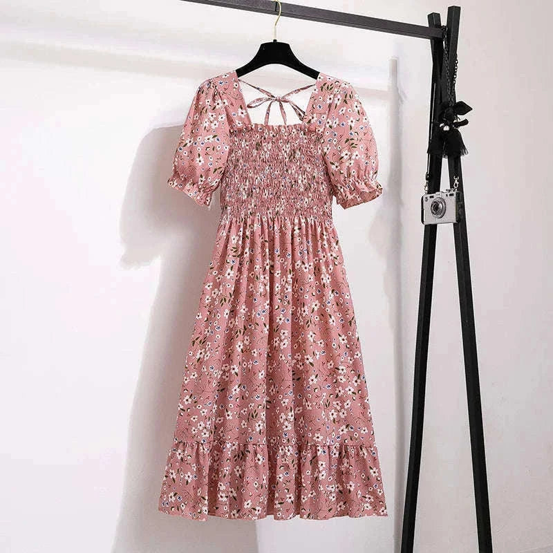 Summer Pleated Chiffon Midi Dress with Flattering A-Line Flow-oufen / One Size