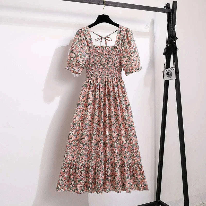Summer Pleated Chiffon Midi Dress with Flattering A-Line Flow-oufen / One Size