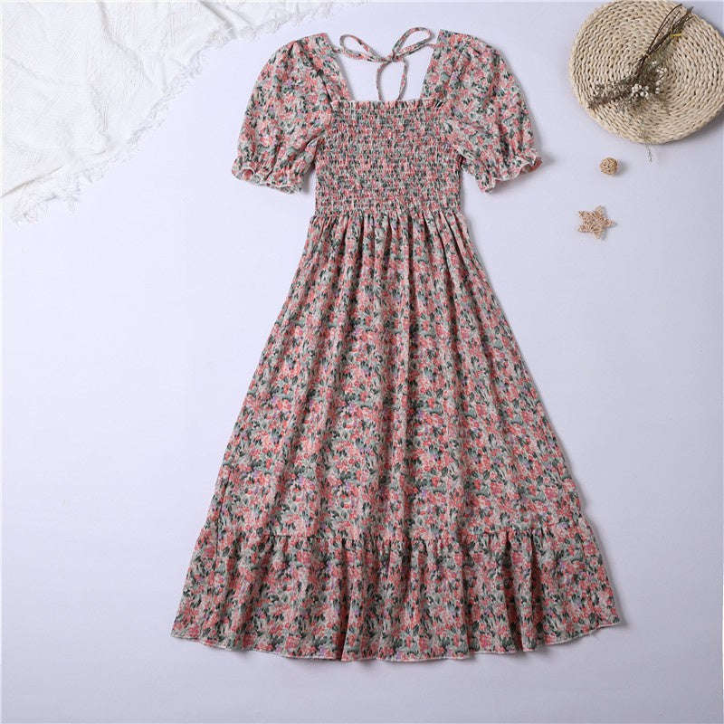 Summer Pleated Chiffon Midi Dress with Flattering A-Line Flow-oufen / One Size