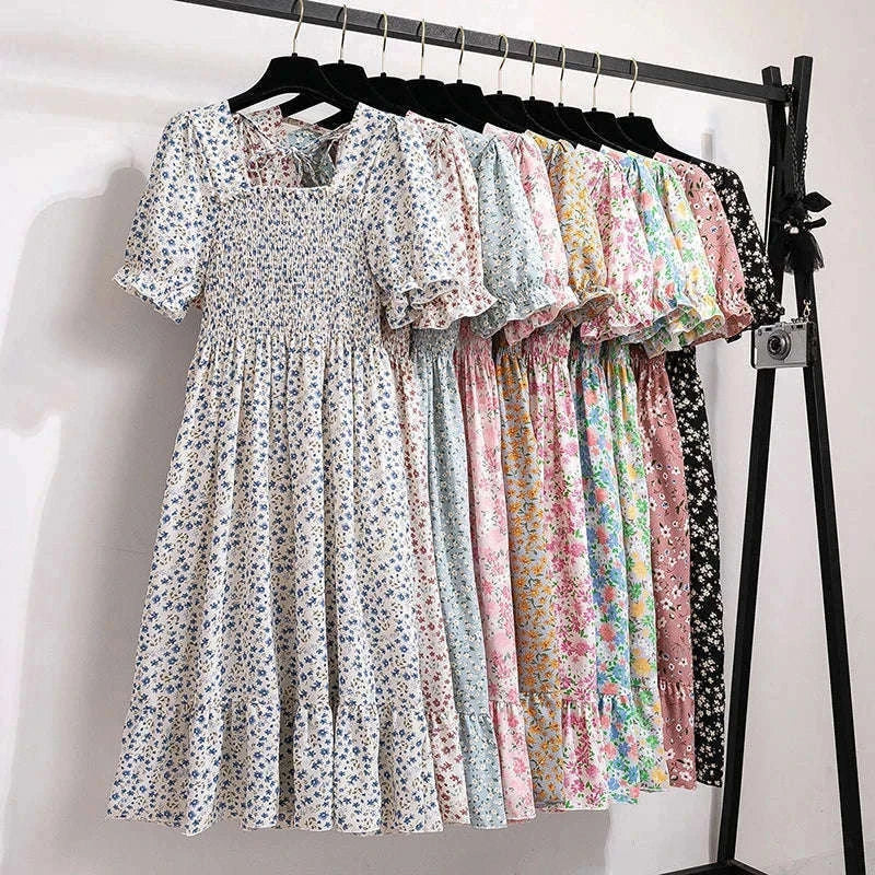 Summer Pleated Chiffon Midi Dress with Flattering A-Line Flow-oufen / One Size