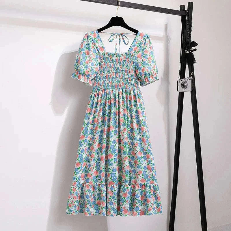 Summer Pleated Chiffon Midi Dress with Flattering A-Line Flow-oufen / One Size