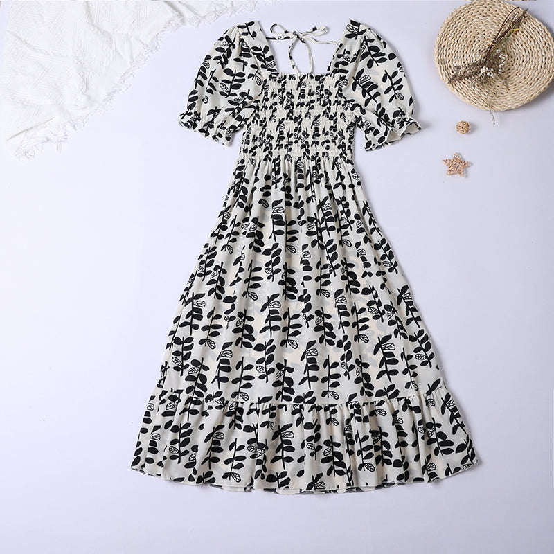 Summer Pleated Chiffon Midi Dress with Flattering A-Line Flow-oufen / One Size