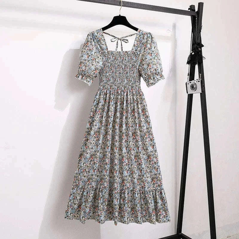 Summer Pleated Chiffon Midi Dress with Flattering A-Line Flow-oufen / One Size
