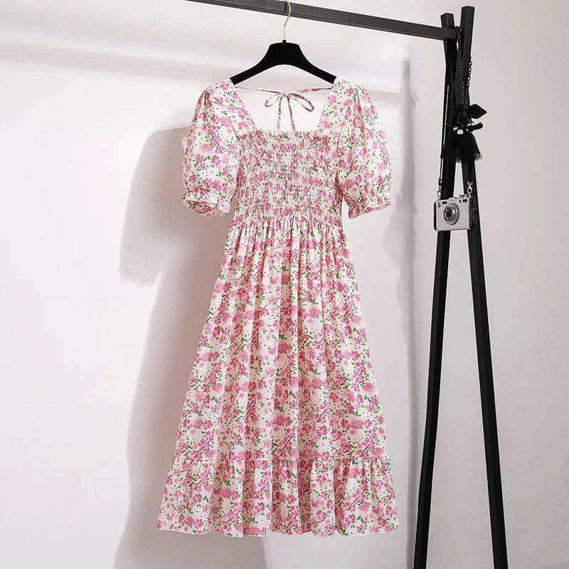 Summer Pleated Chiffon Midi Dress with Flattering A-Line Flow-oufen / One Size