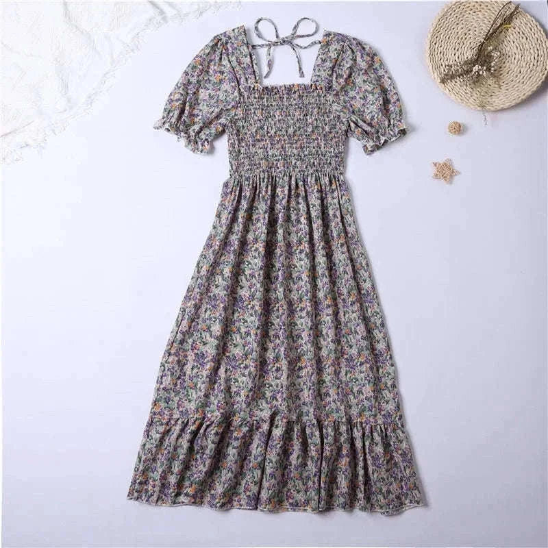 Summer Pleated Chiffon Midi Dress with Flattering A-Line Flow-oufen / One Size