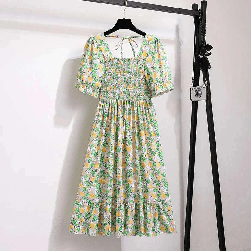 Summer Pleated Chiffon Midi Dress with Flattering A-Line Flow-oufen / One Size