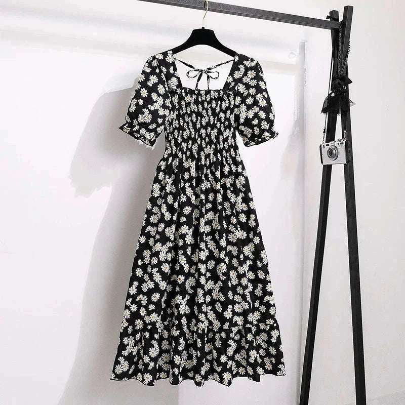 Summer Pleated Chiffon Midi Dress with Flattering A-Line Flow-oufen / One Size